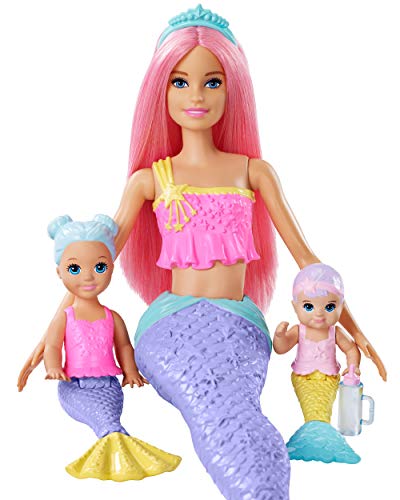 Barbie sirène Dreamtopia rose du coffret Jardin des Sirènes avec bébé et enfant sirène