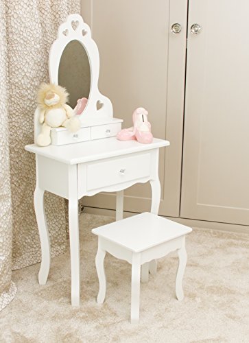 Coiffeuse Romantique en bois blanc de haute qualité fournie avec miroir et tabouret pour chambre de fille