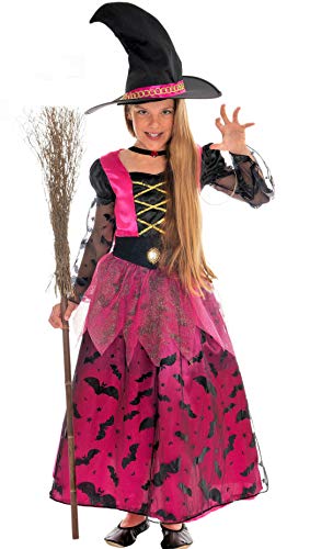 Costume de sorcière girly pour fille rose avec chauve-souris