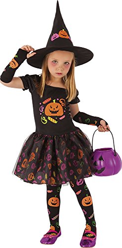 Costume Robe de sorcière citrouille pour fille avec collants noirs et orange et chapeau de sorcière pointu