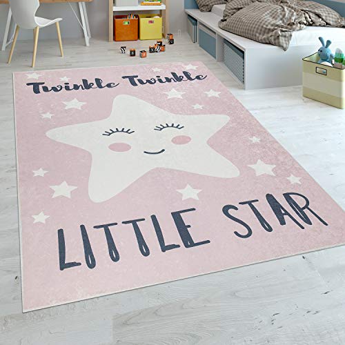 Grand tapis rose avec étoiles blanches de différentes tailles pour chambre de fille Little star