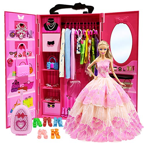Dressing rose fushia girly Zita portable avec vêtements de poupée style Barbie avec portes transparentes