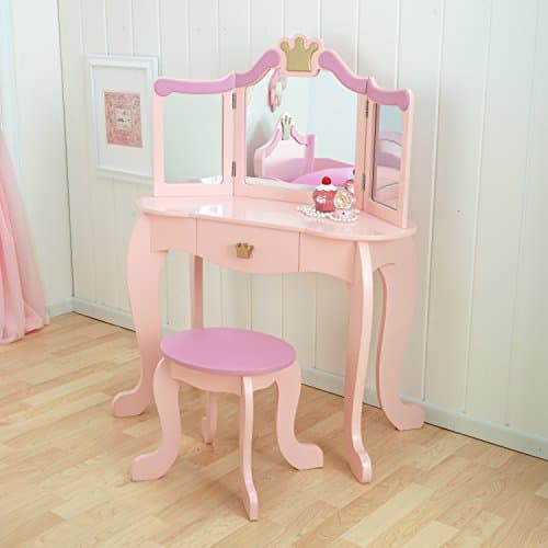 Coiffeuse en bois rose de haute qualité Kidcraft avec miroir en plastique résistant et tabouret de princesse fourni pour chambre de fille