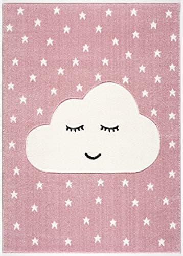 Grand tapis rose avec motif étoiles et gros nuage pour chambre de fille