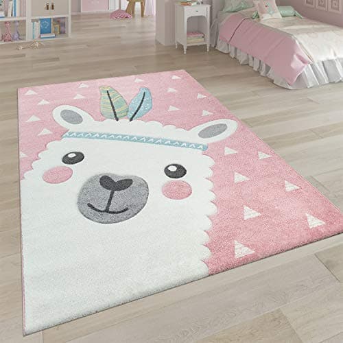 Grand tapis rose avec mignon lama pour chambre de fille