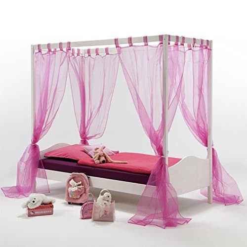 Lit de princesse baldaquin pour fille avec voilage fushia en bois blanc