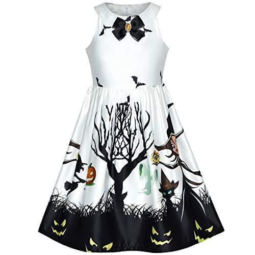 Robe de soirée Halloween girly et chic look bal vintage noir et blanche avec citrouilles