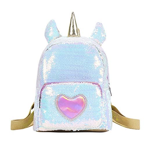 Sac à dos licorne en sequins blanc et rose, oreilles et coeur, pour fille