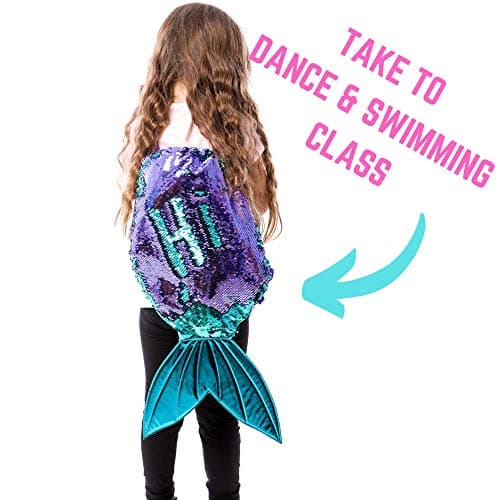 Sac de sport ou de piscine avec queue de sirène à ficelles irisé avec sequins réversibles bleu et violet