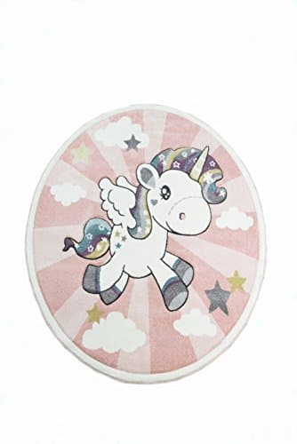 Tapis rose et gris rond avec licorne 100% Polypropylène Label de qualité Oeko-Tex Standard 100
