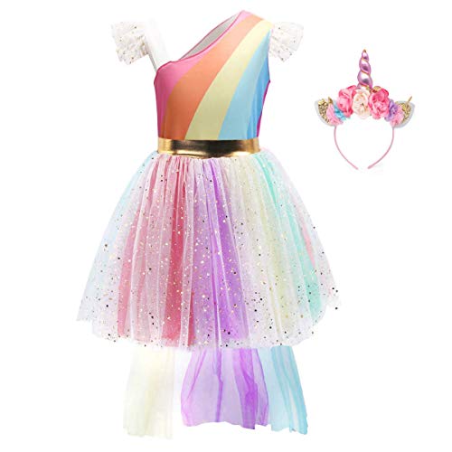 Joli decoleté pour cette robe licorne Arc-en-ciel pailletée et fleurie avec son haut asymétrique