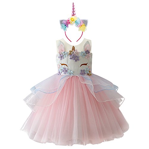 Robe licorne rose avec serre-tête unicorne fleuri