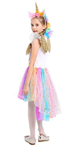 Costume cosplay Robe licorne multicolore et  or avec ailes et pendentif pour un désement original et girly