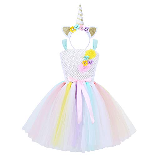 Robe licorne multicolore acidulée avec fleurs et serre-tête