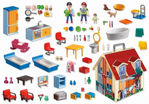 Mobilier de la maison de poupées playmobil transportable avec famille