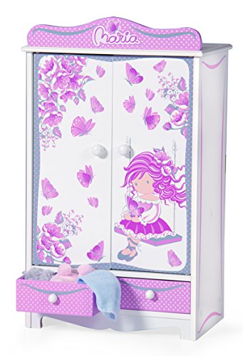 Armoire violette et blanche en bois pour vêtements de poupée de hauteur 54 cm avec papillons et fillette