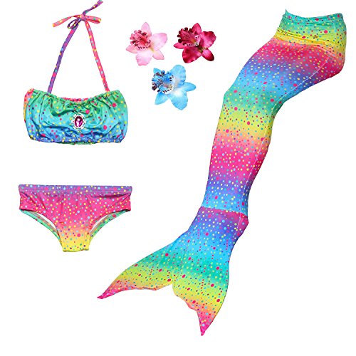 Ensemble bikini, fleurs pour cheveux et queue de sirène arc-en-ciel
