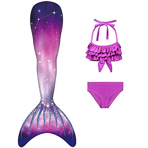 Parure Maillot de bain bikini violet à volants et queue de sirène irisée avec étoiles pour fille 