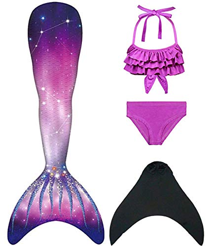 Parure Maillot de bain bikini violet à volants et queue de sirène irisée pour fille vendue avec monopalme