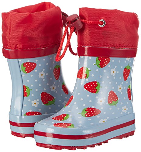 Bottes de pluie bleu ciel et rouges avec imprimé fraises pour fille girly avec cordon de serrage