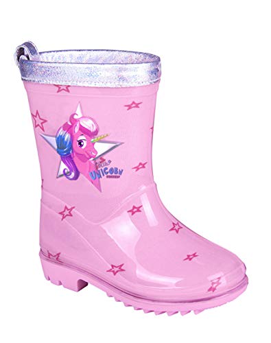 Bottes de pluie rose clair avec licorne pour fille girly avec semelle antidérapante PERLETTI avec bord argenté