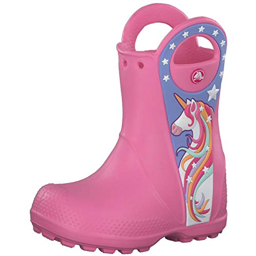 Bottes de pluie roses avec tête de licorne pour fille girly avec poignées Crocs avec bout renforcé