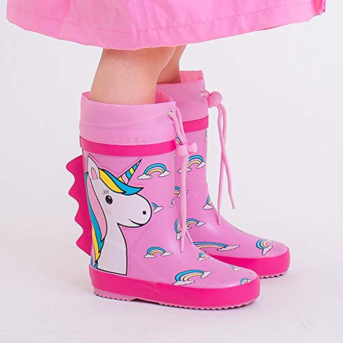 Bottes de pluie roses avec licorne pour fillette ou bébé girly avec cordon de serrage et crinière en relief