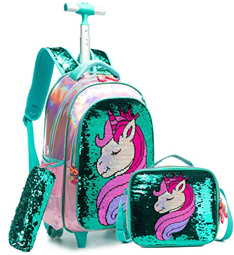 Cartable trolley licorne format sac à dos avec trousse et pack lunch Vert paillettes