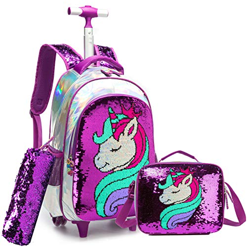 Cartable trolley licorne format sac à dos avec trousse et pack lunch Violet paillettes