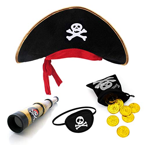 Chapeau de pirate et accessoires de pirate : trésor, longue-vue, bandeau...
