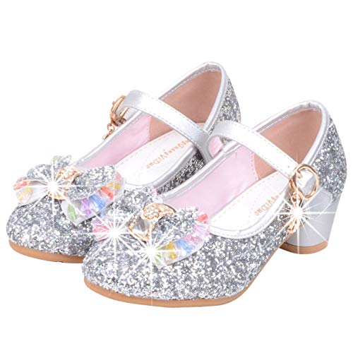 Chaussure paillettes argent et bijoux noeud avec petit talon pour fille pour tenue de princesse ou Blanche neige