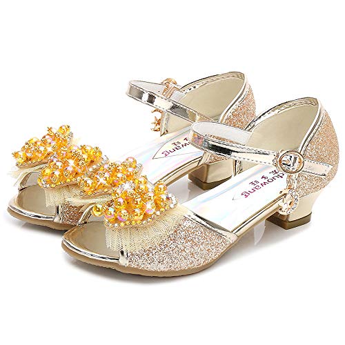 Adorables sandales à talon dorées pailletées avec noeud et bijoux Eleasica