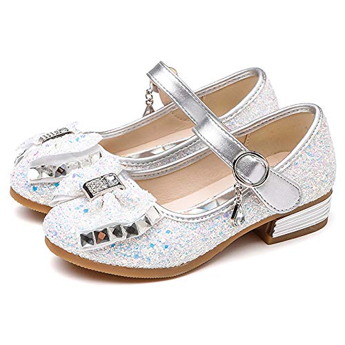 Adorables mocassins à talon en argent pailletées avec noeud et bijoux Eleasica