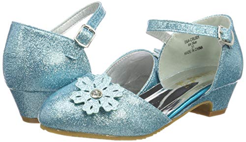 Adorables ballerines à talon en bleu argenté pailletées avec fleurs et bijoux Elsa et Anna