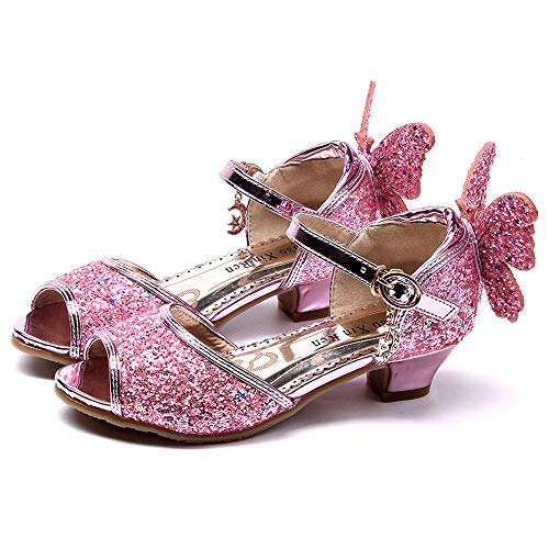 Chaussures à talon avec papillon pailletée rose pour petite fille spécial fête
