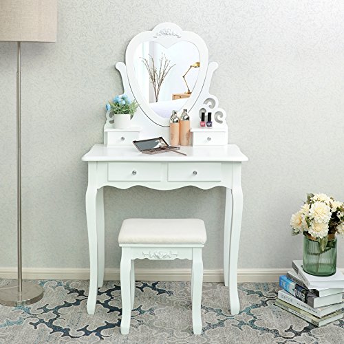 Coiffeuse blanche Romantique en fibre de bois avec miroir en forme de coeur pivotant et tabouret pour chambre de jeune fille Songmics