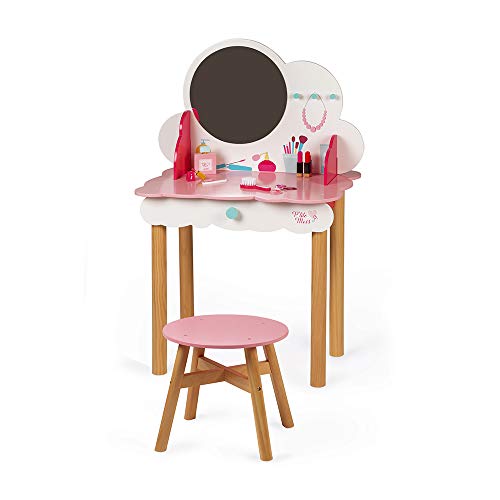 Coiffeuse table de maquillage en bois et fibre de bois, blanche et rose , avec grand miroir et tabouret fourni, ainsi qu'accessoires de maquillage