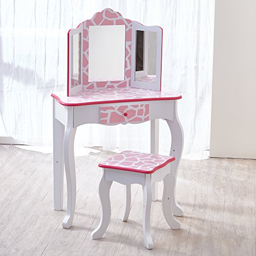 Coiffeuse à motif rose et blanc pour fille en panneaux MDF, éco-responsable avec triple miroir en verre