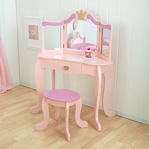 Coiffeuse en bois rose de haute qualité Kidcraft avec miroir en plastique résistant et tabouret de princesse fourni pour chambre de fille
