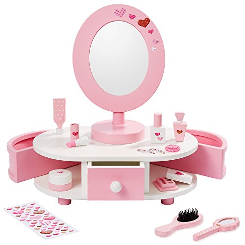Coiffeuse de table pour fille à poser en bois rose avec accessoires et maquillage et tiroirs latéraux pour tout ranger