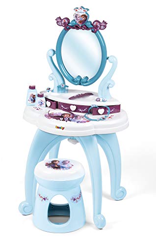 Coiffeuse reine des neiges 2 Disney Elsa et Anna bleue avec tabouret Smoby de fabrication française avec accessoires