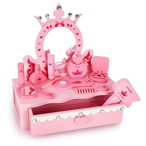 Coiffeuse de table pour fille à poser en bois rose et style princesse avec accessoires et maquillage et tiroir pour tout ranger