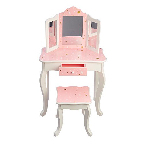 Coiffeuse baroque avec triple miroir, blanche rose et doré pour chambre de fille