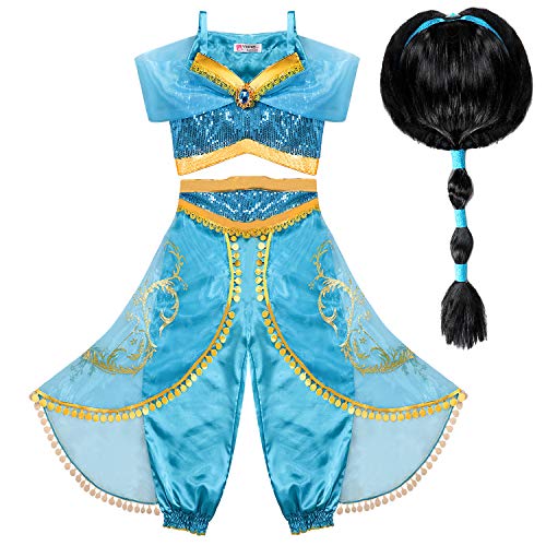 Costume de princesse Jasmine bleu et or avec perruque