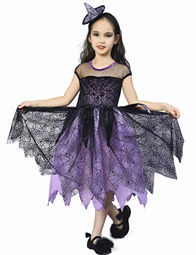 Robe de sorcière stylée noire et violette pour fille avec petit chapeau pointu et voilages