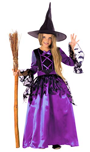 Robe de sorcière noire et violette pour fille avec chapeau pointu et dentelles chauve-souris