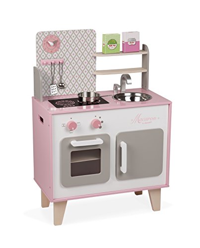 Cuisine Macaron en bois MDF pour fille au look girly, Janot, avec évier en inox