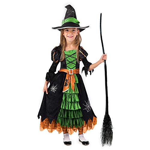 Robe de sorcière Halloween aux couleurs vives : orange, verte et noire, robe à froufrous au look enfantin