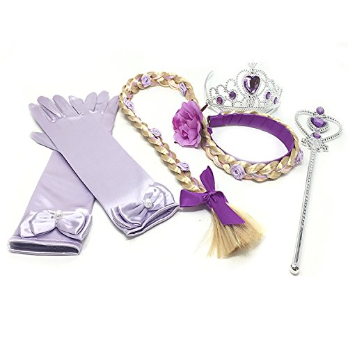 Gants, tresse, couronne et baguette pour princesse mauve façon Raiponce