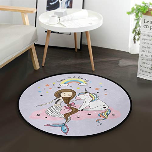 Grand tapis rond et mauve avec sirène, licorne et arc-en-ciel pour chambre de fille